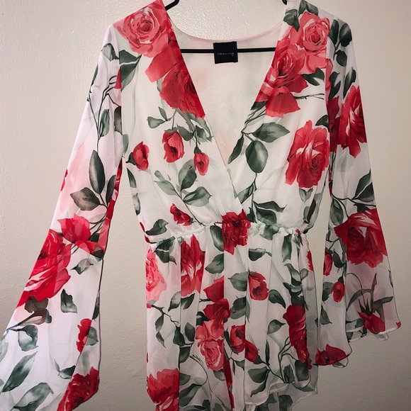 Bell Sleeve Rose Print Romper - Picture 5 of 8